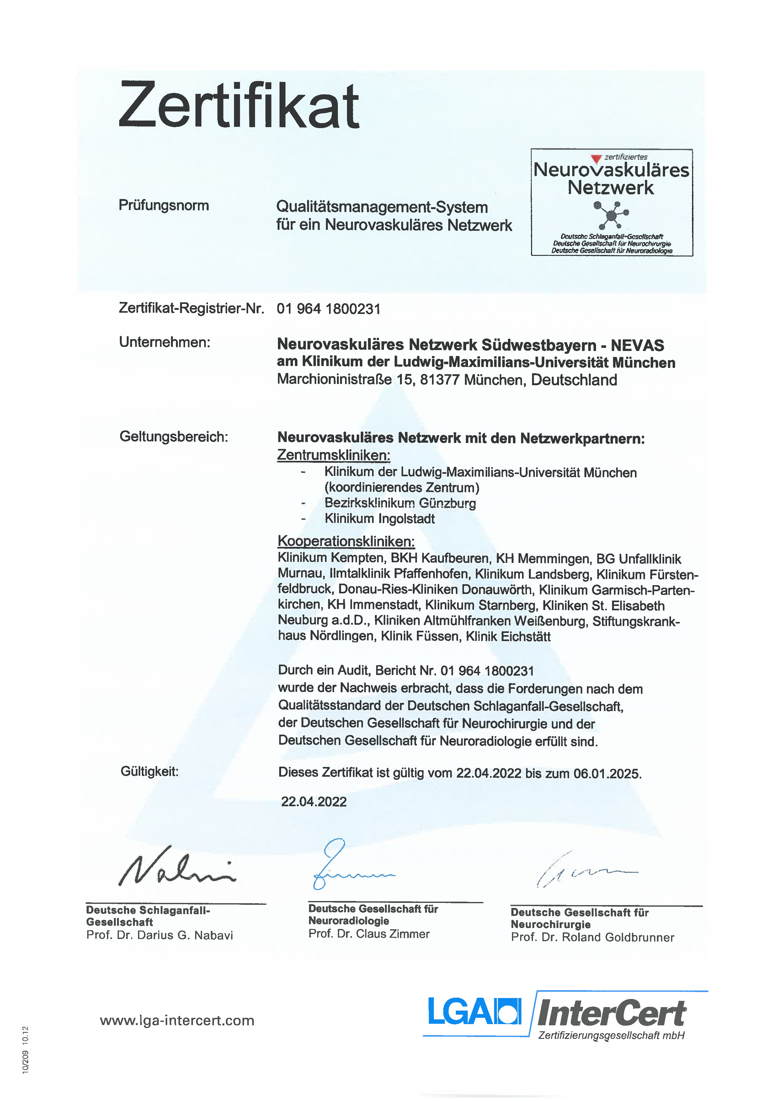 Nevas-Zertifikat der Klinik für Neurologie im Klinikum Ingolstadt
