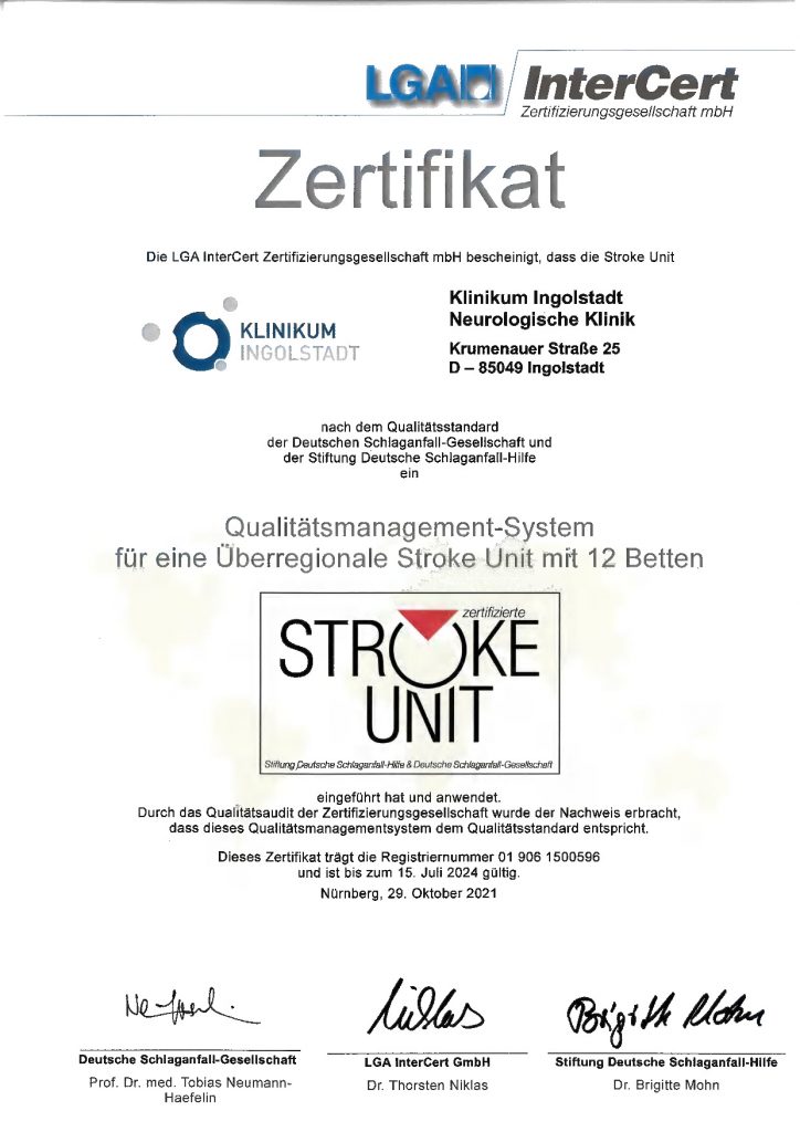 Zertifikat der Stroke Unit im Klinikum Ingolstadt