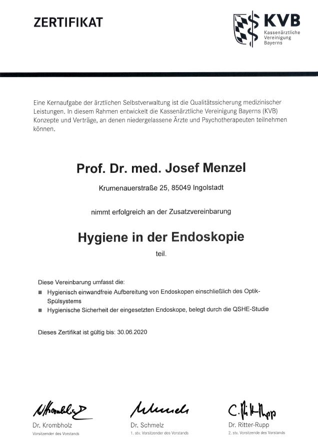 Zertifikat des Klinikums Ingolstadt für Hygiene in der Endoskopie